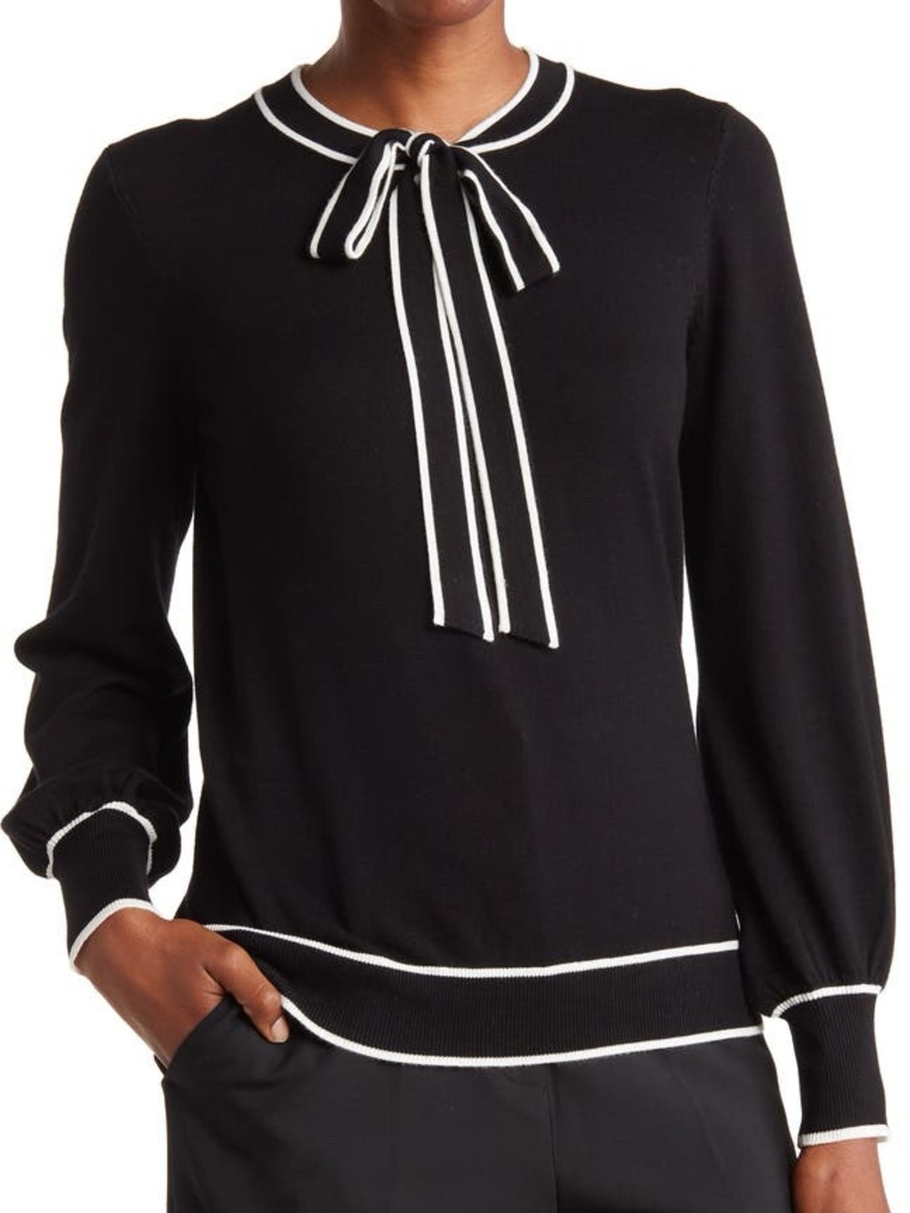 Adrianna Papell Black and Ivory Tipped Edge Bow-Tie Sweater